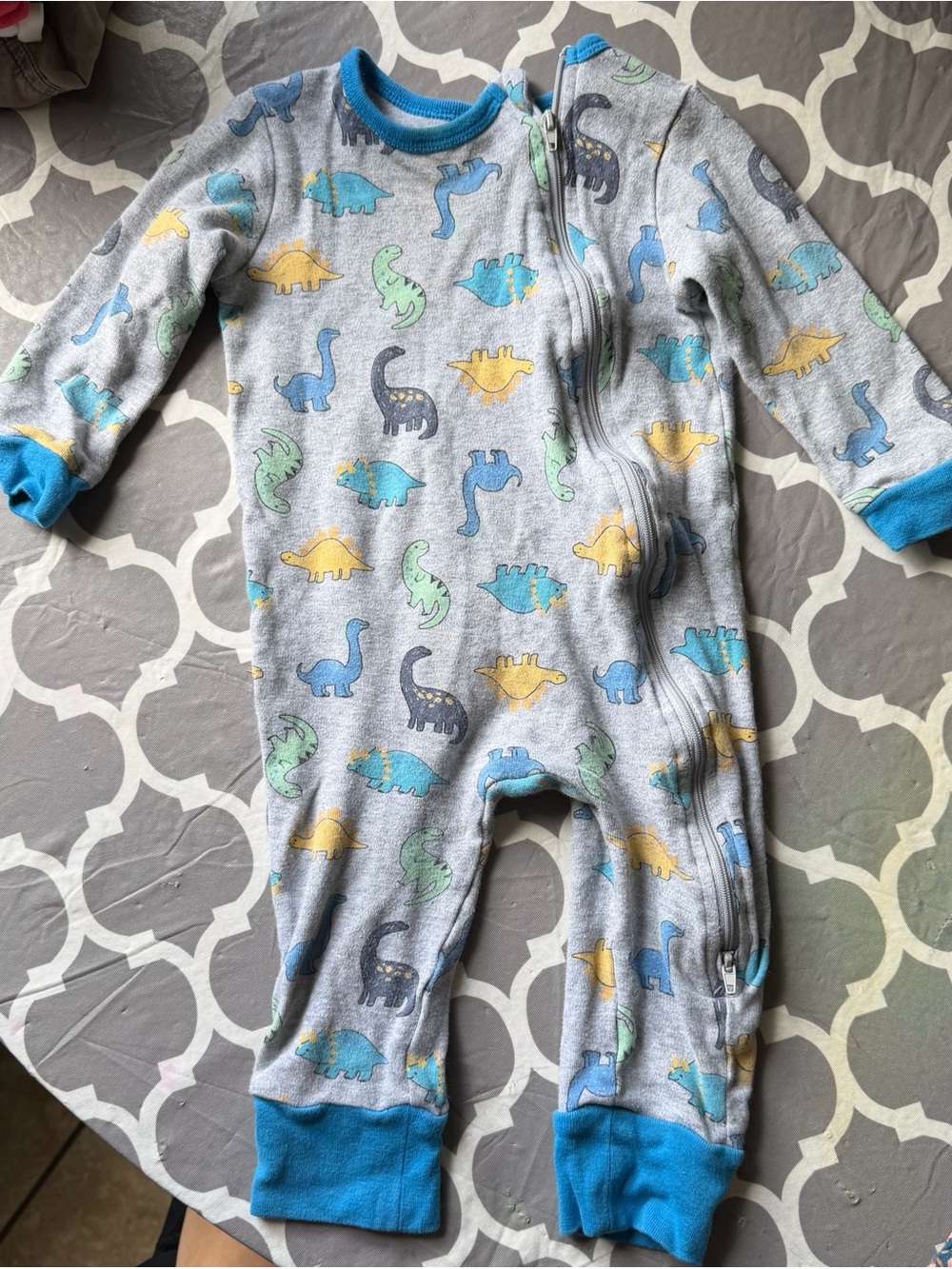 Gray Dinosaur Print Kids One-Piece Bodysuit with Blue Trim